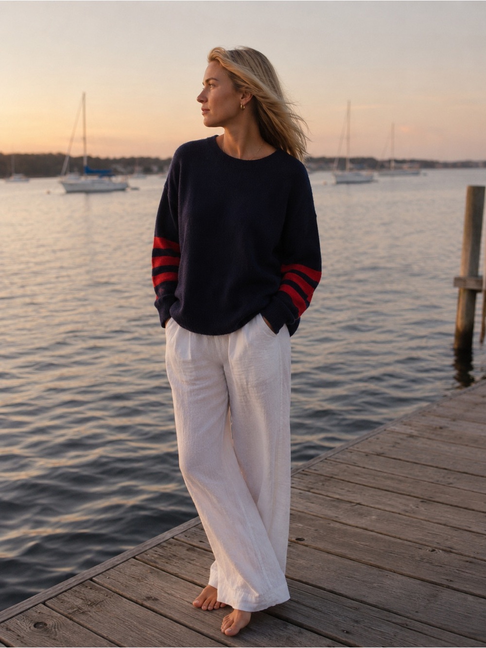 27 Miles 100% Cashmere Navy Stripe Sleeve Sweater | Large